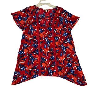 THE PIONEER WOMAN Tunic Top Womens XL 16 18 Red Floral Short Sleeve NEW